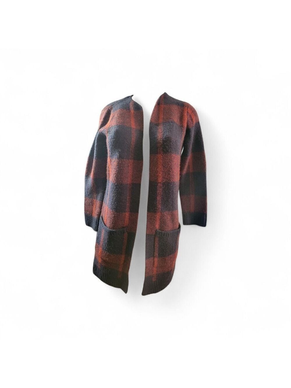 Atmosphere Rust Red & Black Plaid Open-Front Cardigan Small Alpine Western - Picture 2 of 5